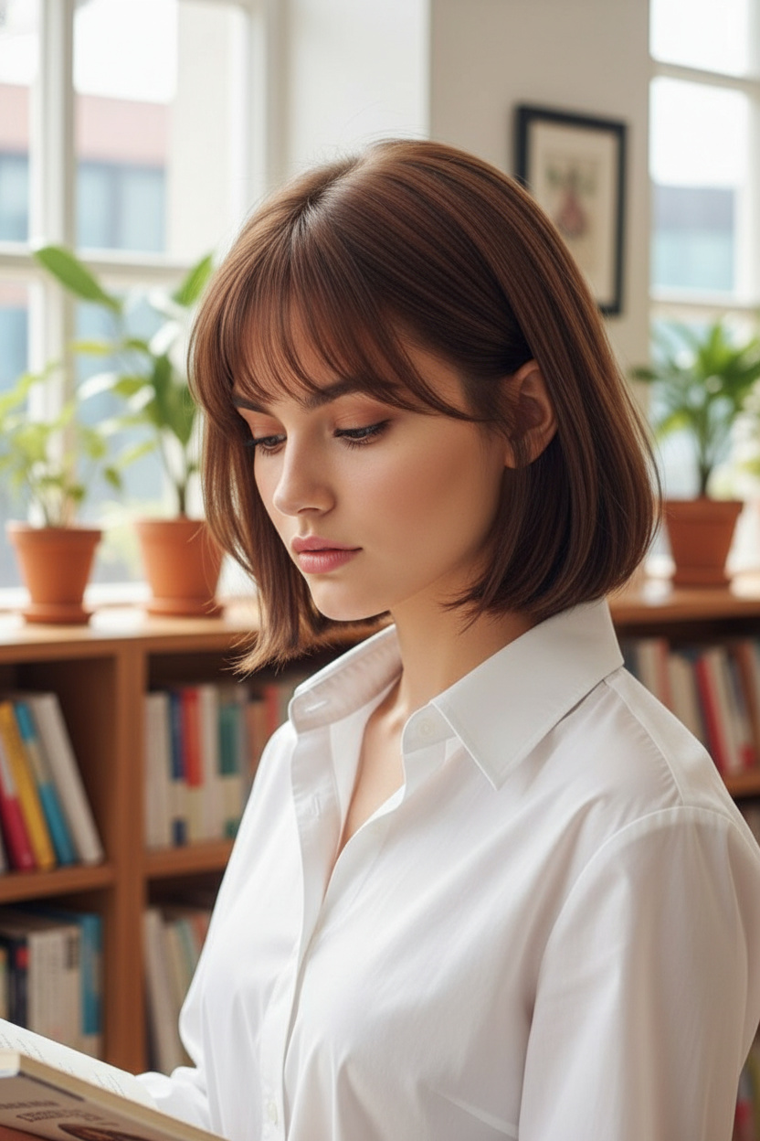 Upper body close-up, soft Korean bob with see-through air bangs, subtle copper brown hair, crisp white button-up shirt, bright aesthetic bookstore, looking down while reading.