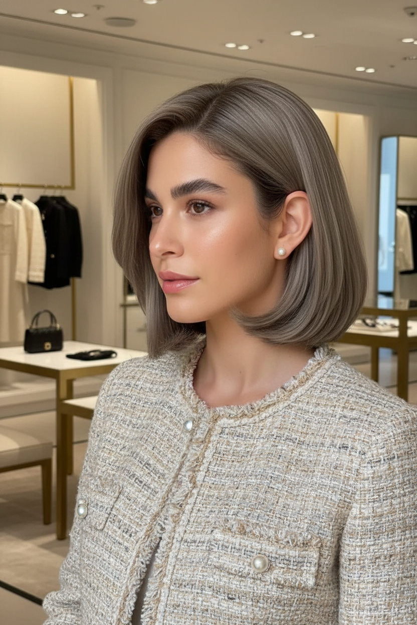 Upper body close-up, ultra-voluminous Korean bob tucked behind one ear, ash beige hair, pearl-buttoned tweed jacket, luxury boutique interior, admiring reflection off-camera.
