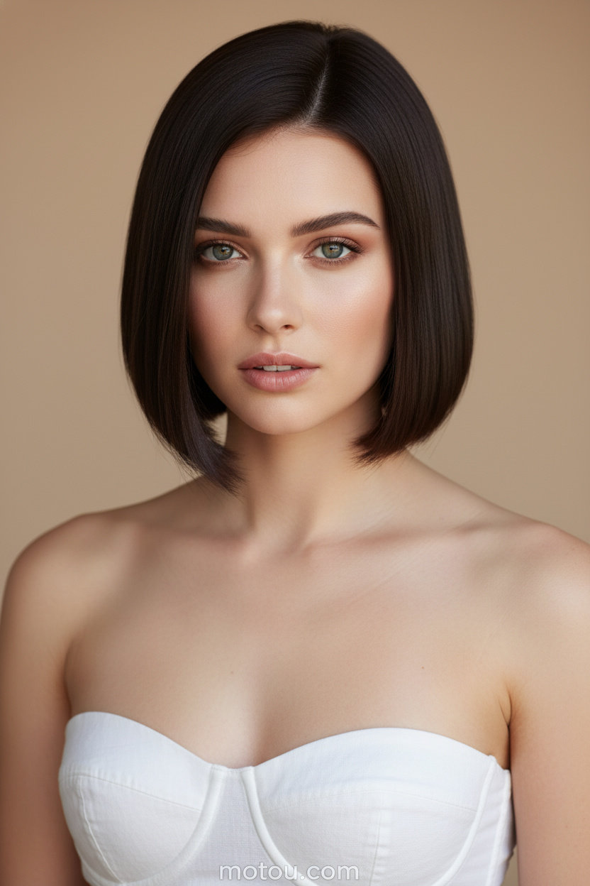 1. The Classic Blunt French Bob Upper-body close-up, female model looking directly at the camera with a confident gaze, sleek espresso brown blunt French bob, wearing a white linen summer bustier top, clean minimalist beige studio background.