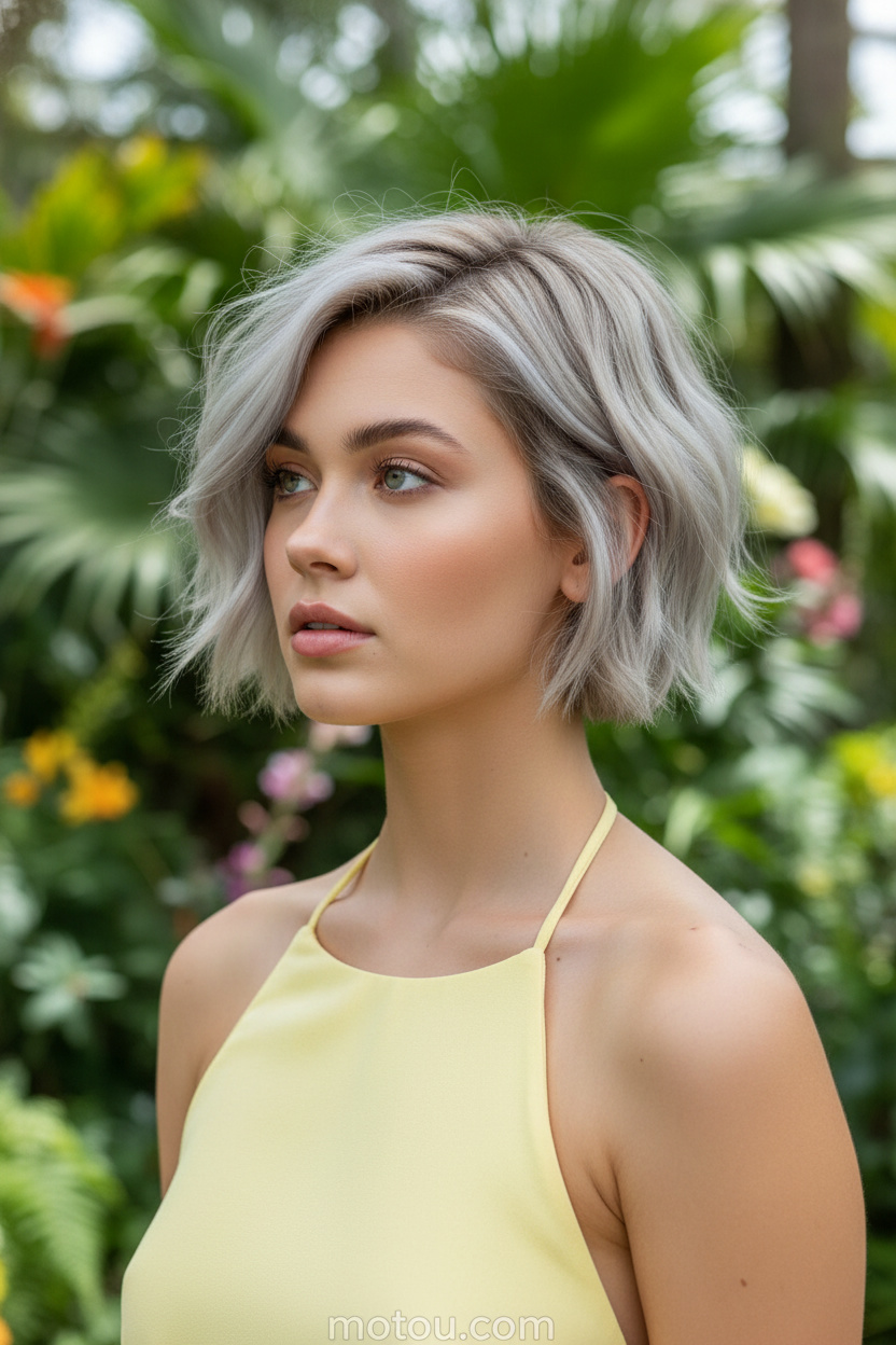 3. The Textured Bixie Cut Upper-body close-up, female model looking thoughtfully away from the lens, ash blonde textured bixie (bob-pixie) cut, wearing a pastel yellow halter neck summer top, lush green botanical garden background.