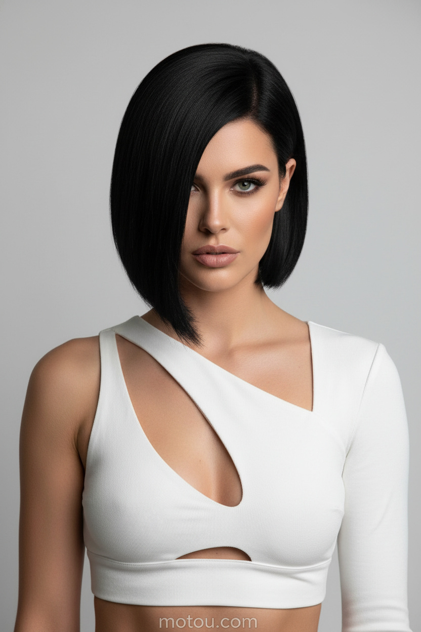 4. Sleek Asymmetrical Lob Upper-body close-up, female model making fierce direct eye contact, sleek jet black asymmetrical lob (long bob), wearing a sharp white asymmetrical summer crop top, minimalist light grey seamless background.