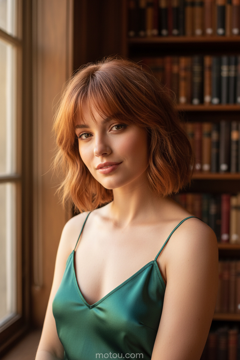 5. Soft Shag with Wispy Bangs Upper-body close-up, female model gazing playfully into the lens, warm copper soft shag haircut with wispy bangs, wearing an emerald green satin summer camisole, elegant vintage library setting.