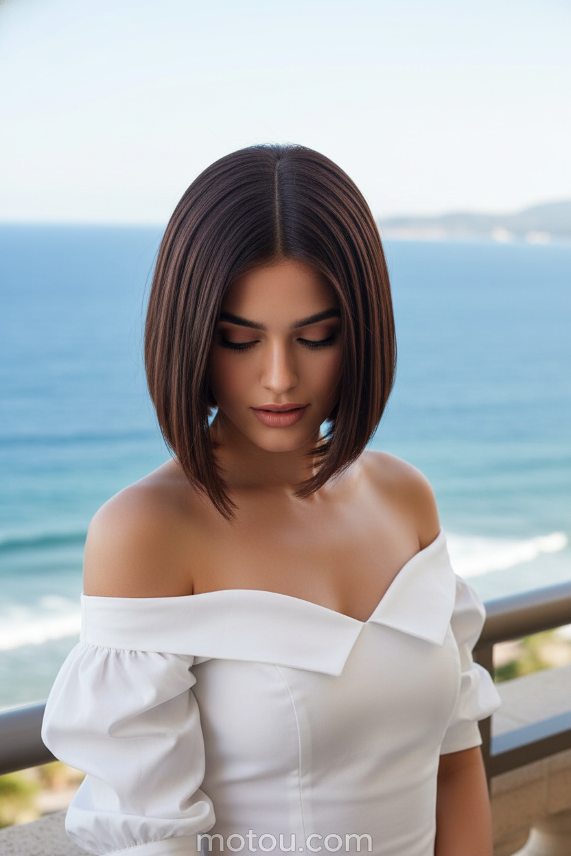 6. The Blunt Collarbone Cut Upper-body close-up, female model looking down gracefully, glossy dark chocolate collarbone-length blunt cut, wearing a crisp white off-the-shoulder summer blouse, luxury hotel balcony overlooking the ocean.