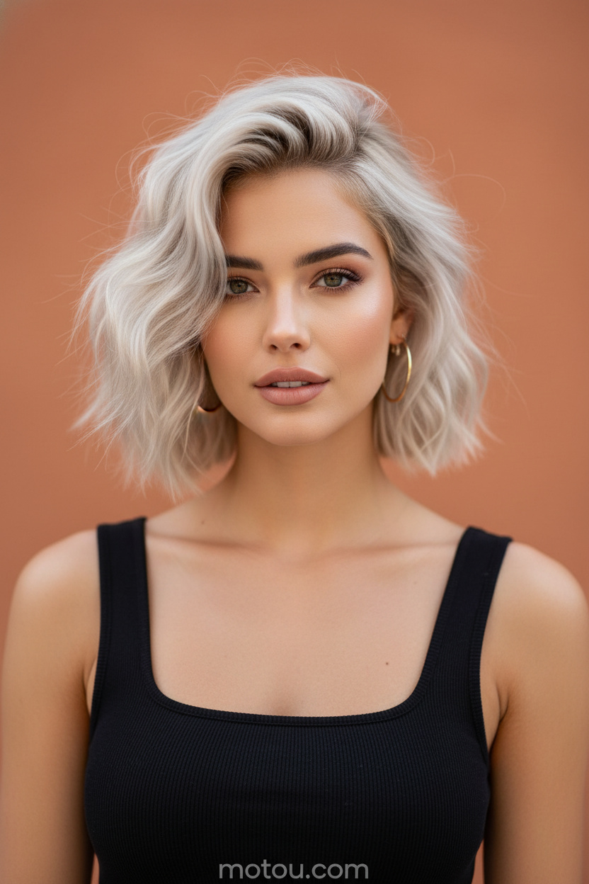 7. Deep Side-Parted Lob Upper-body close-up, female model gazing confidently at the camera, platinum blonde lob with a voluminous deep side part, wearing a black square-neck ribbed summer tank, minimalist warm terracotta background.
