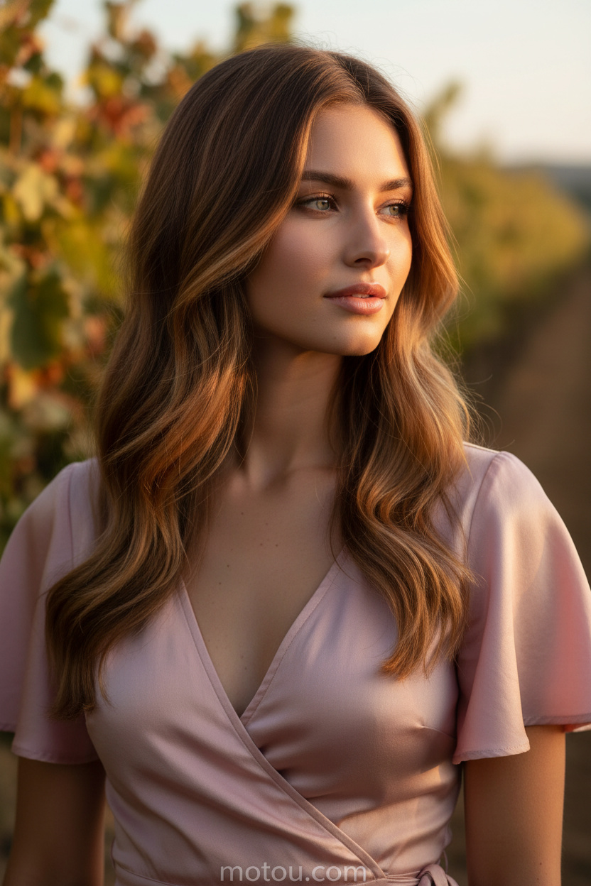 8. Face-Framing "Ghost Layers" Upper-body close-up, female model gazing softly off-camera, rich caramel brown long hair with subtle ghost layers, wearing a blush pink silk summer wrap top, romantic golden hour vineyard background.