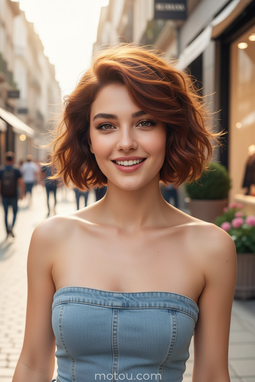 9. The Choppy Micro Bob Upper-body close-up, female model making vibrant direct eye contact, vibrant auburn choppy micro bob, wearing a light blue denim summer bralette, bustling high-end shopping street streetscape.