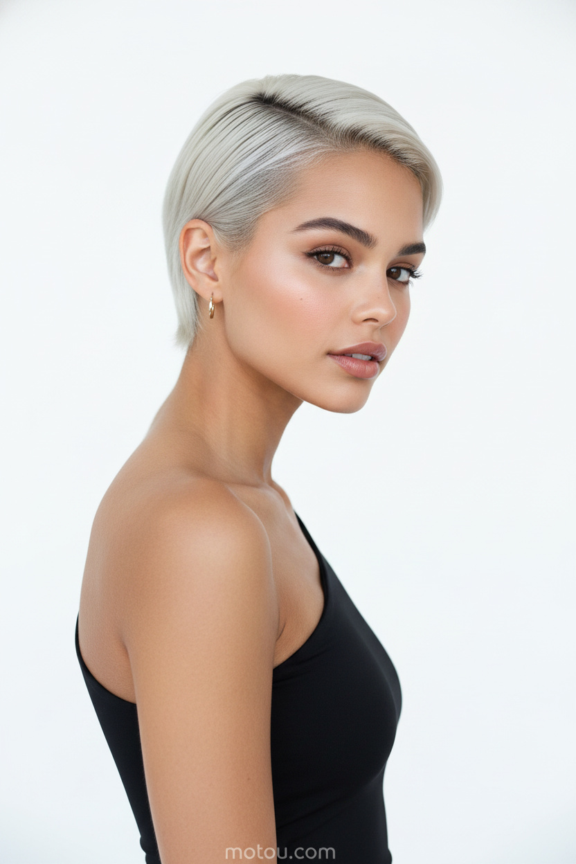 10. The Polished Pixie Upper-body close-up, female model showing a strong profile looking forward, icy blonde sleek polished pixie cut, wearing a minimalist black one-shoulder summer top, crisp white studio background.