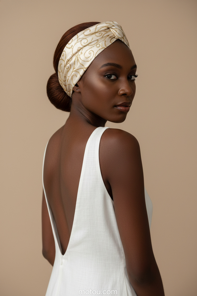 Close-up of a Black woman with a low sleek bun wrapped in a cream and gold silk scarf, chestnut brown hair, wearing a white backless linen dress, minimalist soft beige studio background, model looking over her shoulder.
