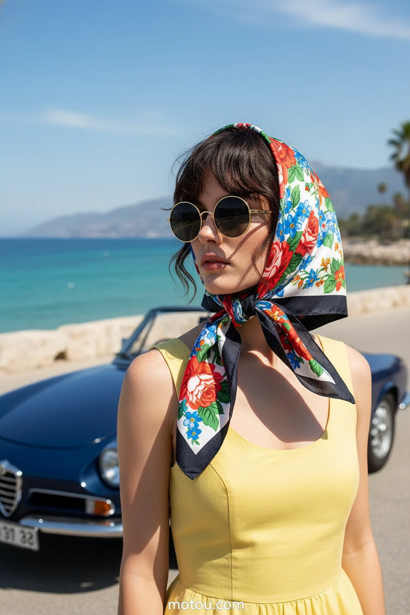 Upper body shot of a model wearing a vibrant floral silk scarf tied under the chin in a 60s style, natural black hair peeking out at the front, wearing oversized gold sunglasses and a lemon yellow sundress, background of a vintage convertible car on a coastal road, model looking into the distance.