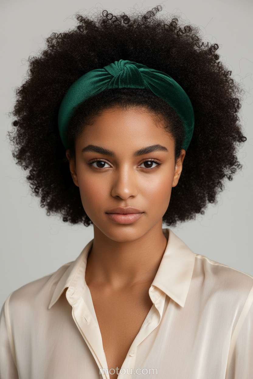 Close-up of a model with a voluminous Afro crowned by a deep emerald green padded headband, natural dark hair with a healthy sheen, wearing a sheer silk blouse in a neutral tone, minimalist light grey background, model looking directly into the camera with a serene expression.