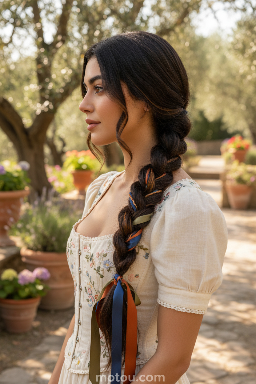 Upper body focus of a woman with a long thick plait intertwined with a multi-colored silk ribbon, honey-toned highlights in the hair, wearing a romantic cottage-core corset top, background of a sun-dappled Tuscan garden, model side profile.