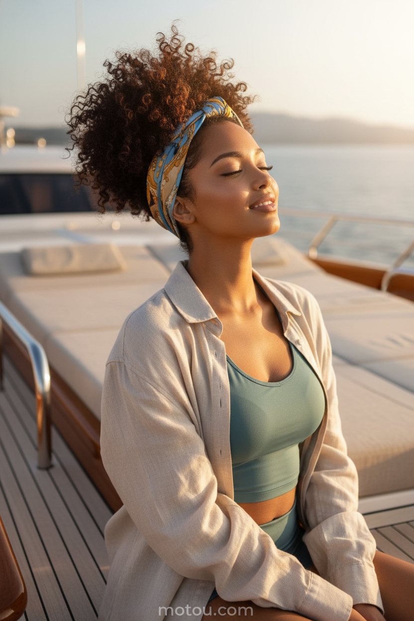 Close-up: A model with naturally curly hair wears her tresses pulled high into a "pineapple" updo, secured at the roots with a silk headscarf; her curls gleam with a bronzed luster. She is dressed in a top that strikes a balance between athletic and stylish aesthetics, layered beneath an unbuttoned, loose-fitting linen shirt; set against the backdrop of a luxury yacht's deck, the model tilts her head back, gazing up at the sunlight.