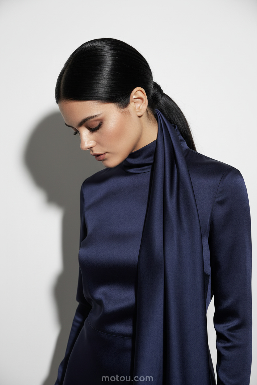 Close-up of a low sleek ponytail tied with a long flowing silk scarf acting as a ribbon, jet black hair, wearing a high-neck navy silk dress, minimalist soft shadows on a white wall background, model looking down gracefully.