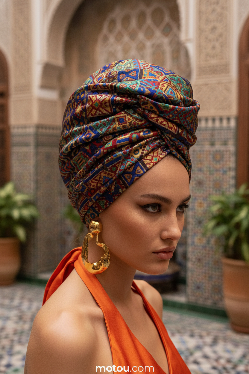 Close-up of a model with her hair completely styled inside a sophisticated full silk turban wrap in a geometric pattern, wearing bold sculptural gold earrings and a vibrant orange halter top, background of a Moroccan riad with intricate tiles, model looking away with a fierce expression.