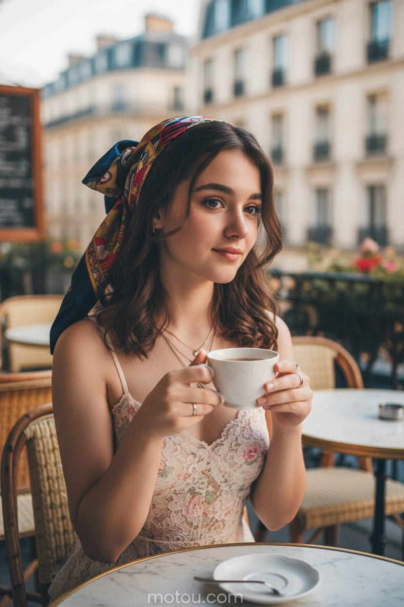 Upper body focus of a model with a half-up half-down hairstyle, soft chocolate brown curls, tied with a silk scarf fashioned into a large bow, wearing a delicate floral lace top, background of a chic Parisian outdoor cafe, model holding a teacup.