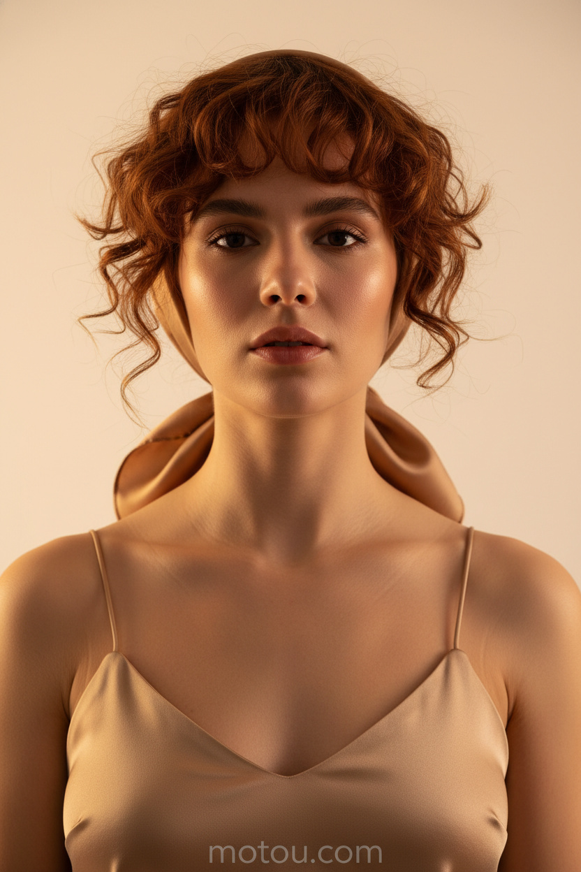 Close-up of a model with curly bangs peeking out from under a silk scarf tied at the nape of the neck, warm mahogany hair color, wearing a minimalist tan silk camisole, clean studio background with warm lighting, model looking into the camera.