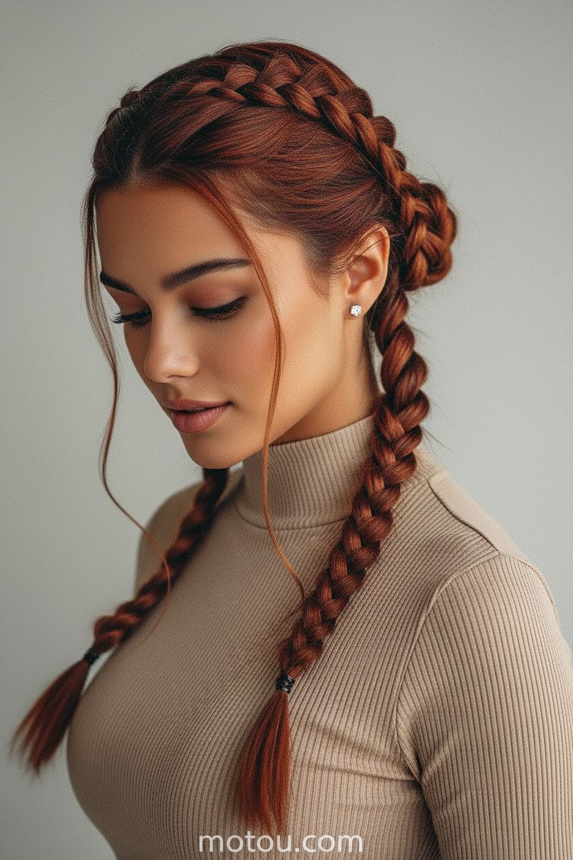模特上半身特写，拥有两条紧密编织的荷兰辫，末端是整齐的发髻，暖红褐色头发，穿着高领米色技术针织上衣，干净的浅灰色背景，模特优雅地低头。