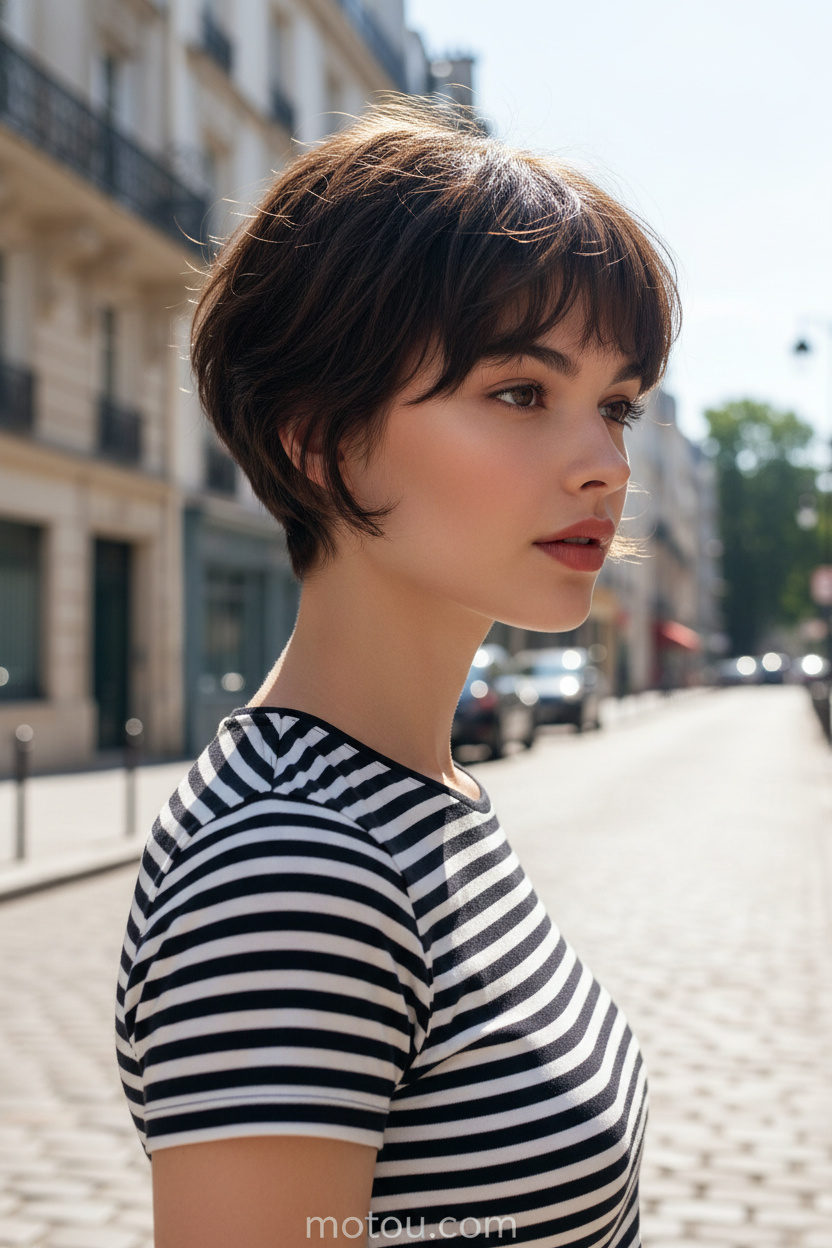 Image 1: The Iconic Fringe Close-up of model's head and hair, textured Parisian bixie cut with wispy curtain bangs, natural dark brown hair color, model wearing a classic black-and-white striped summer top, sunlit Parisian cobblestone street background, looking slightly off-camera.