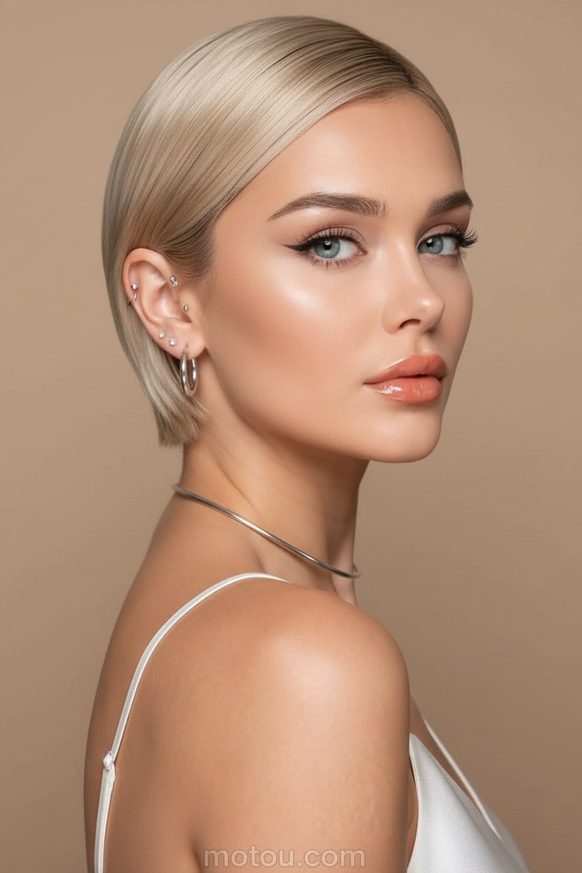 Image 2: The Sculpted Silk Close-up of model's head and hair, sleek and soft Parisian bixie tucked behind the ear, champagne blonde hair color, model wearing a white silk summer camisole, minimalist warm beige studio wall background, direct confident gaze.