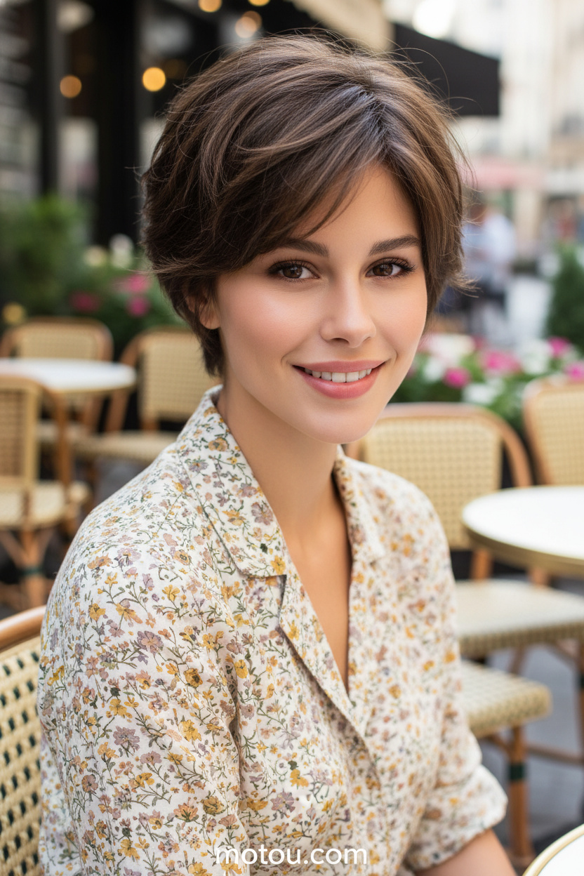 Image 4: The Café Au Lait Close-up of model's head and hair, fluffy layered Parisian bixie, soft brunette balayage hair color, model wearing a vintage floral summer blouse, outdoor French cafe terrace background, smiling warmly at the camera.