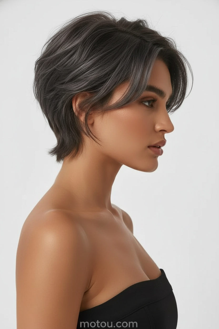 Image 5: The Modern Muse Close-up of model's head and hair, softly tousled Parisian bixie, cool-toned ash brown hair color, model wearing a structured black summer tube top, pristine white minimalist seamless background, side profile perspective.