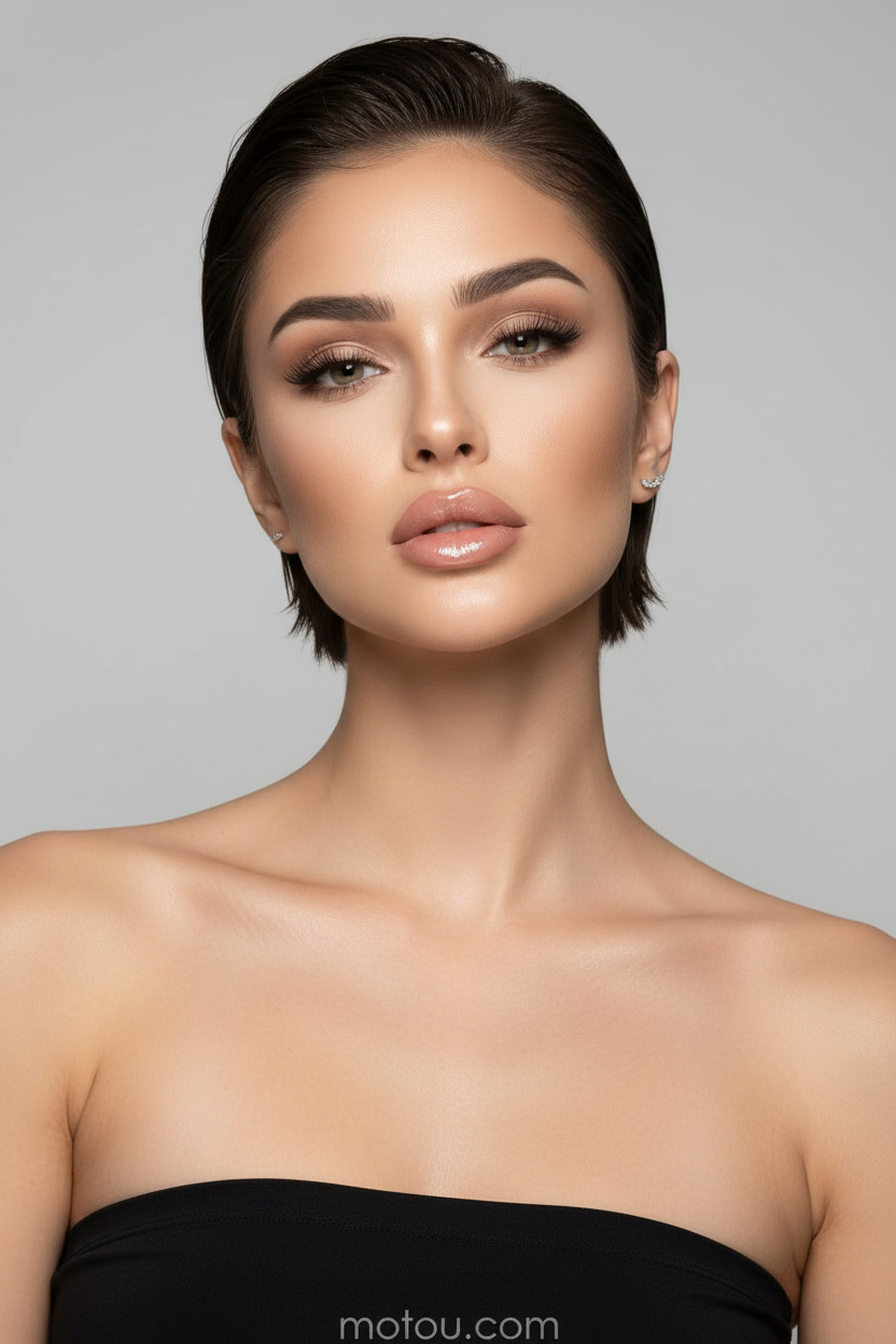 Image 11: The Wet-Look Elegance Close-up of model's head and hair, high-fashion slicked-back wet look Parisian bixie, dark brunette hair color, model wearing a sleek black strapless summer top, soft grey seamless minimalist background, chin tilted up proudly.