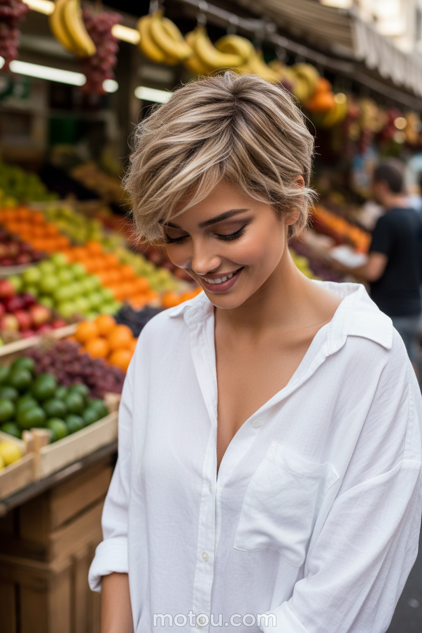 Image 10: The Morning Market Close-up of model's head and hair, raw natural texture Parisian bixie, sandy blonde hair color, model wearing an open white cotton summer shirt, vibrant outdoor fruit market background, looking down smiling.