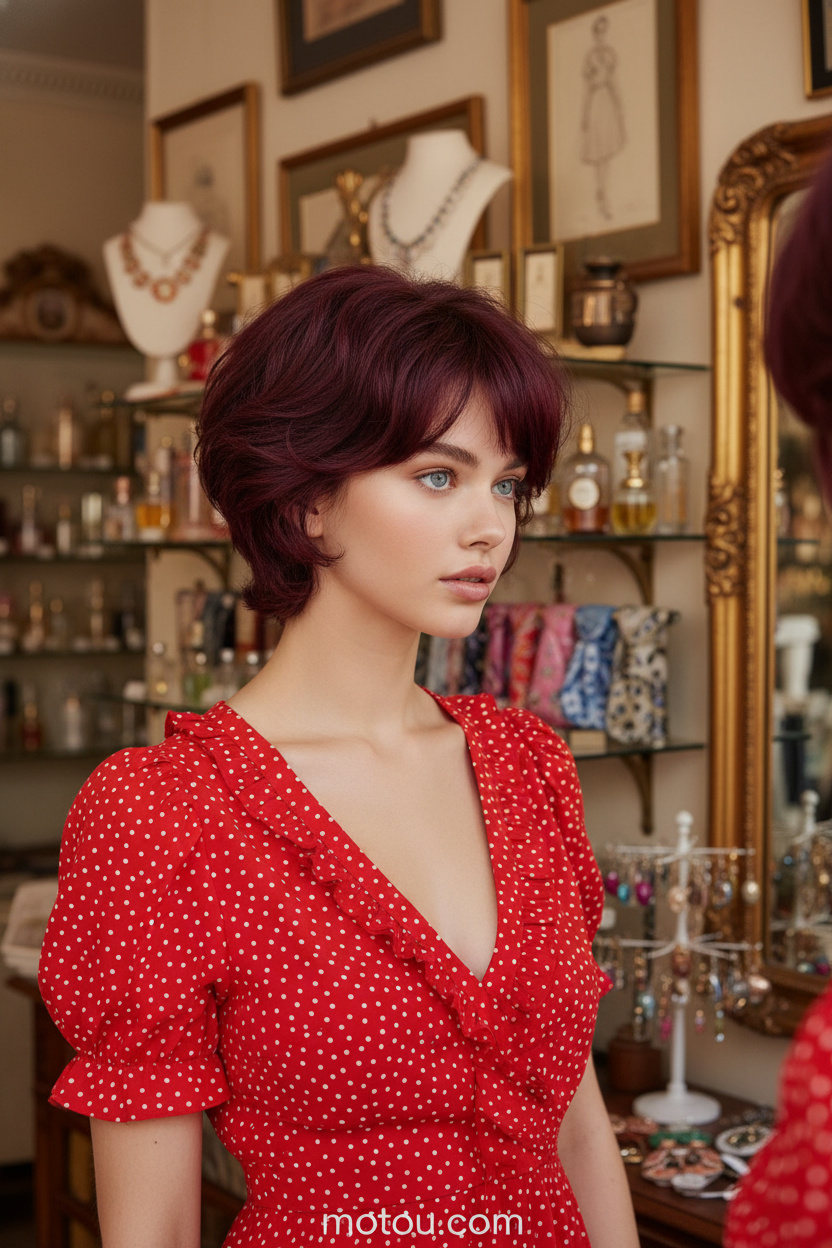 Image 9: The Vintage Volume Close-up of model's head and hair, voluminous 90s-inspired Parisian bixie, rich mahogany hair color, model wearing a red polka dot summer dress, vintage Parisian boutique background, looking sideways at a mirror reflection.