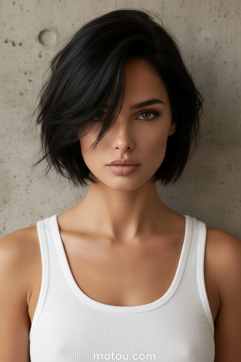Image 8: The Clean Aesthetic Close-up of model's head and hair, sharp and chic Parisian bixie cut, deep espresso black hair color, model wearing a clean white summer ribbed tank, raw concrete minimalist background, piercing direct gaze.