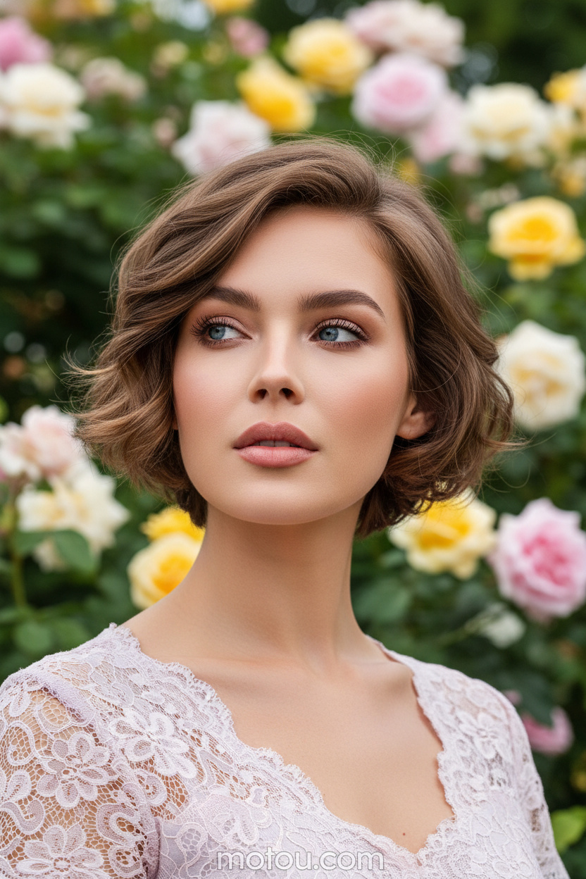 Image 7: The Garden Party Close-up of model's head and hair, soft curled Parisian bixie with face-framing pieces, light chocolate brown hair color, model wearing a pastel summer lace top, blooming summer rose garden background, looking up thoughtfully.