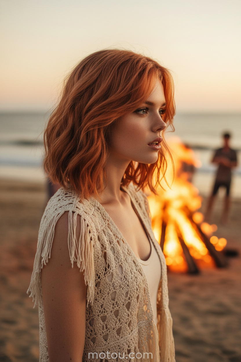 Oberkörper-Nahaufnahme, warmkupferfarbene Schlüsselbein-Layer, gehäkelte Boho-Weste, Lagerfeuer-Szene am Strand bei Sonnenuntergang im Hintergrund, Model blickt nachdenklich in die Ferne.