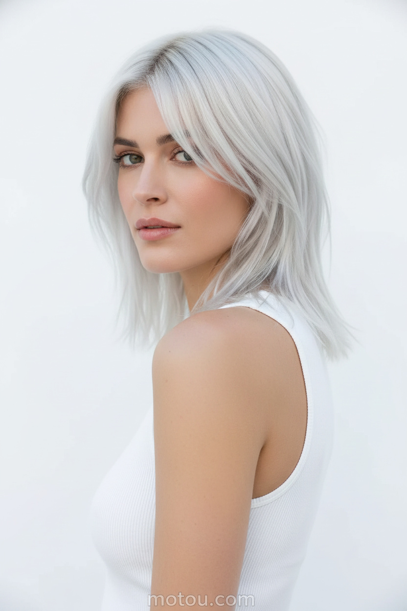 Oberkörper-Nahaufnahme, eisblonder schulterlanger Shag, minimalistisches weißes Ripp-Tanktop, klarer weißer Studiohintergrund, Model blickt über die Schulter direkt in die Linse.