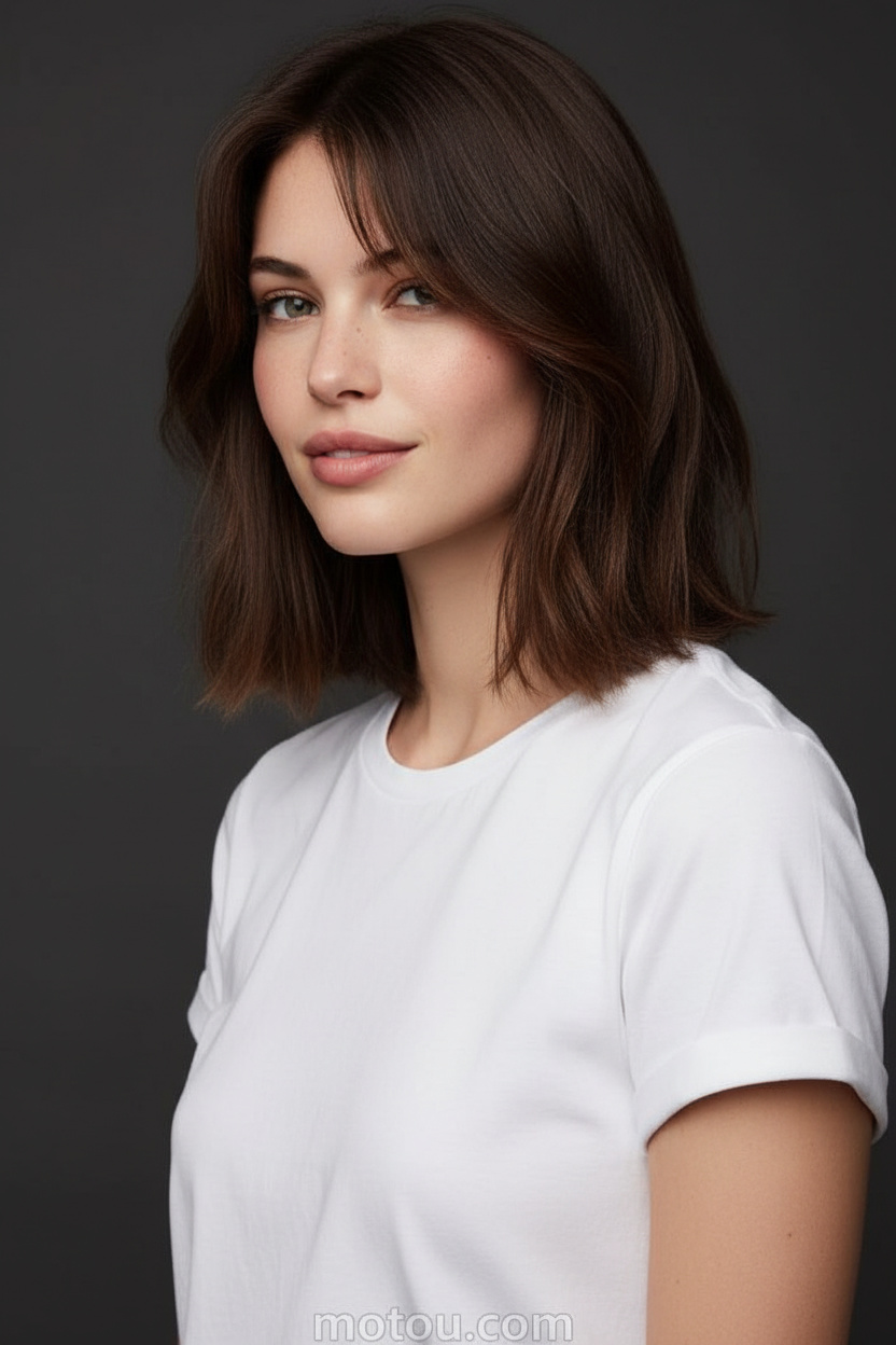 Oberkörper-Nahaufnahme, aschbrauner, schicker Shaggy Lob, weißes Baumwoll-T-Shirt, minimalistischer dunkelgrauer Studiohintergrund, Model wirft einen subtilen High-Fashion-Smirk in die Kamera.