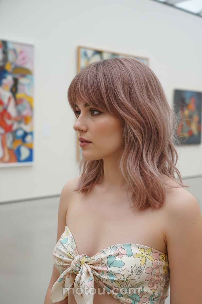 Oberkörper-Nahaufnahme, staubiges Roségold schulterlanger Shag, Vintage-Seidenschal-Oberteil, Hintergrund einer modernen Kunstmuseums-Innenkulisse, Model blickt seitlich auf ein Gemälde.