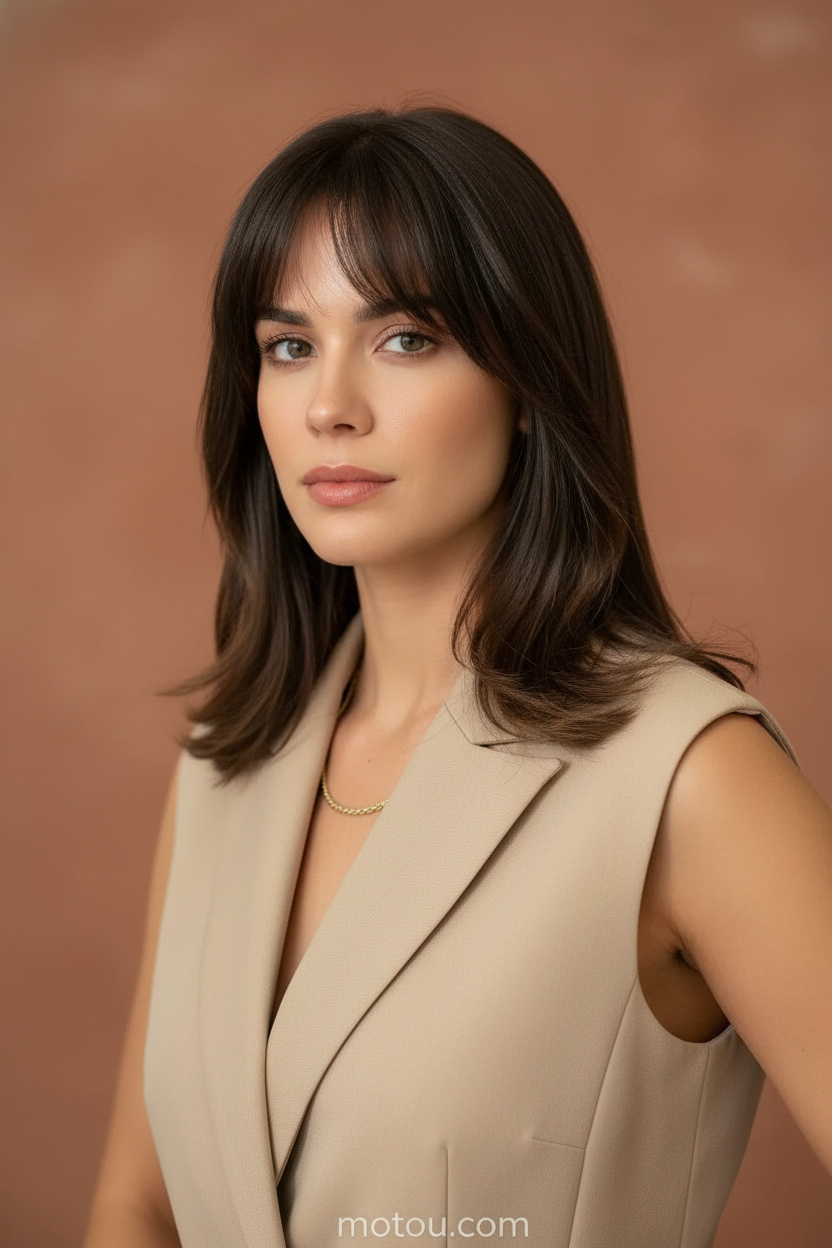 Oberkörper-Nahaufnahme, kastanienbraune Schlüsselbein-Layer, maßgeschneiderter beiger ärmelloser Blazer, warmer Terrakotta-Minimalismus-Hintergrund, Model blickt zuversichtlich geradeaus.
