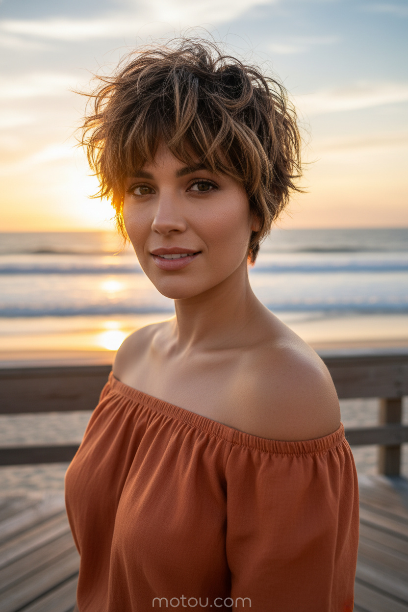 3. Sunset Balayage POV: Stehen gemeinsam auf einer Strandpromenade während der goldenen Stunde. Halb-Körper-Nahaufnahme einer Frau mit einem braunen Bixie-Schnitt, Karamell-Balayage und Curtain-Pony. Sie trägt ein leichtes, orangefarbenes Sommeroberteil mit Carmen-Ausschnitt und blickt warm in die Kamera, mit einem Sonnenuntergang am Meer im Hintergrund.