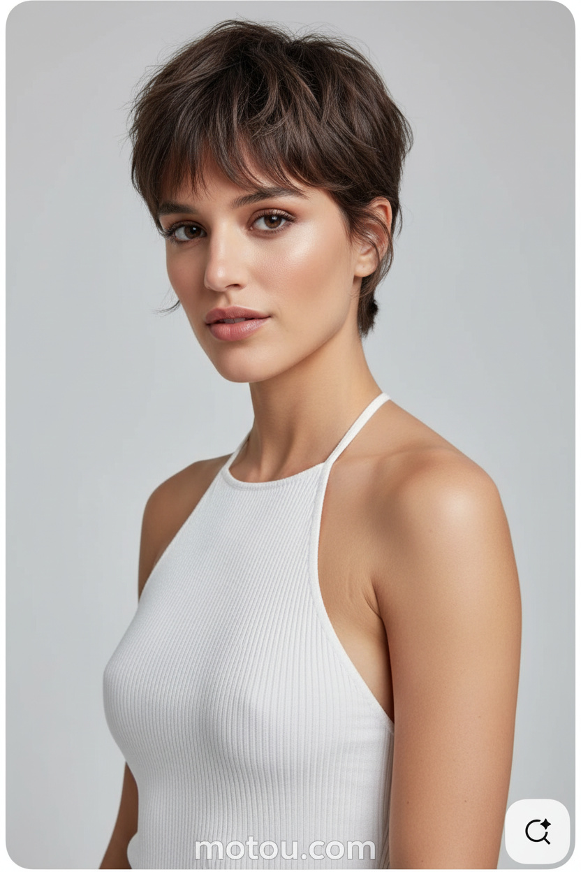 4. Aschige Eleganz POV: Blick wie von einem Magazincover. Halb-Körper-Nahaufnahme eines eleganten Models mit einem kühlen, aschbraunen Bixie-Schnitt und durchscheinendem Pony. Sie trägt ein hochwertiges, weißes geripptes Neckholder-Top vor einem einfarbigen, minimalistischen Hellgrau-Hintergrund.