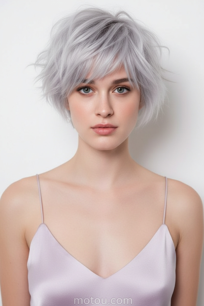 7. Platin-Traum POV: Direkter Blickkontakt. Halb-Körper-Nahaufnahme eines auffälligen Models mit einem eisigen Platinblond-Bixie-Schnitt und federleichtem Pony. Sie trägt ein blasslavendelfarbenes Sommer-Seidentop mit Spaghettiträgern vor einem einfarbigen, makellosen weißen Hintergrund.