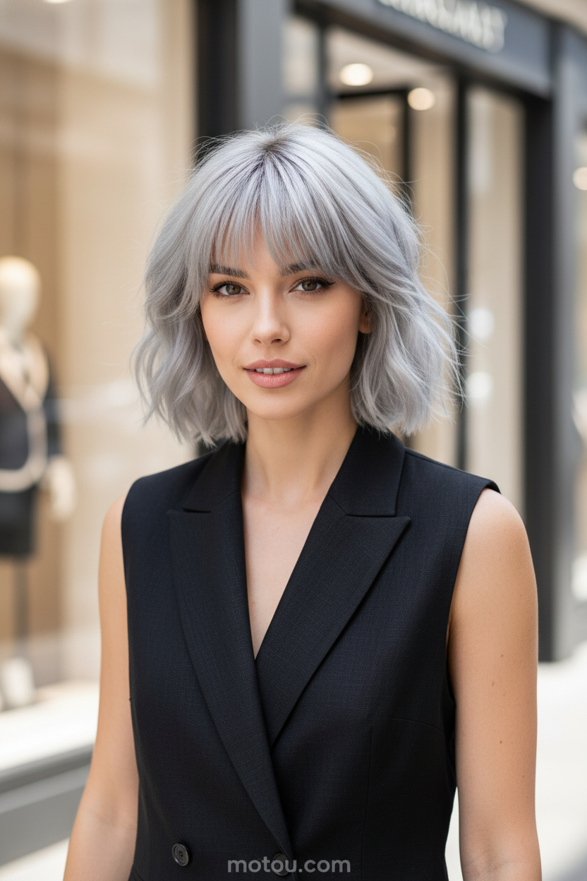 12. City Sleek Silver POV: Verlässt eine Luxusboutique. Halb-Körper-Nahaufnahme einer selbstbewussten Frau mit einem metallisch-silbernen Bixie-Schnitt und weichem Curtain-Pony. Sie trägt einen schicken, schwarzen, ärmellosen Leinen-Sommerblazer und blickt direkt in die Kamera, mit unscharfen, gehobenen Schaufenstern im sonnigen Hintergrund.