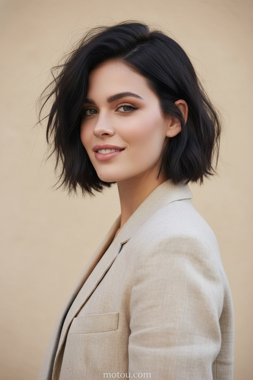 Nahaufnahme der Haare im Oberkörper, ein unordentlicher, aber schicker Espresso Italian Bob, hinter einem Ohr versteckt, tiefbraun-schwarze Haarfarbe. Das Model trägt einen beigen Leinen-Sommerblazer vor einem sonnenbeschienenen, sauberen beigen Hintergrund und zeigt ein entspanntes und elegantes Lächeln.