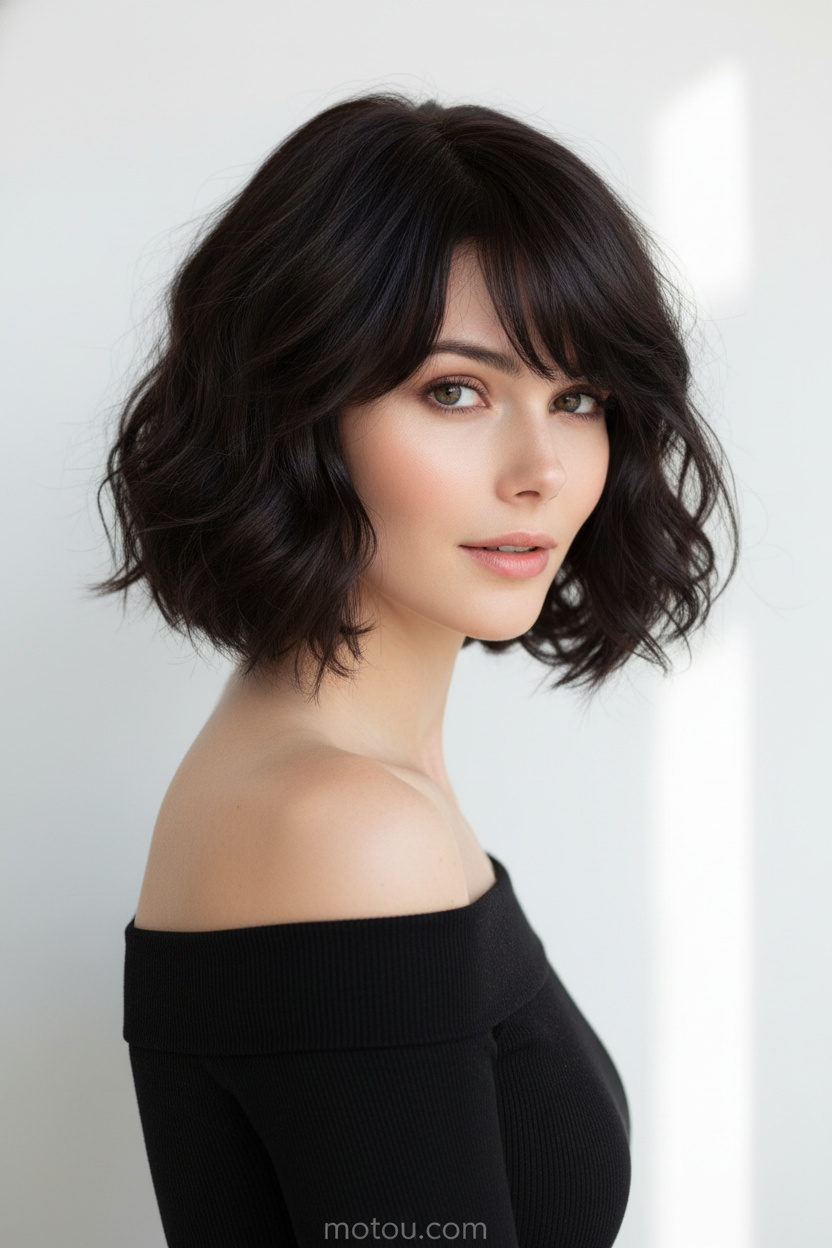 Nahaufnahme der Haare im Oberkörper, ein unordentlicher, welliger Espresso Italian Bob, dunkelbraune Haarfarbe mit unglaublichem Glanz. Sie trägt ein minimalistisches schwarzes schulterfreies Sommeroberteil vor einem klaren, hellen, minimalistischen Hintergrund und blickt anmutig über ihre Schulter.