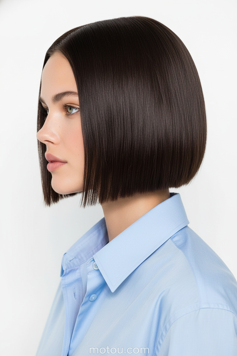 Nahaufnahme der Haare im Oberkörper, ein Espresso Italian Bob mit dicken, stumpfen Enden, glänzende Espresso-Haarfarbe. Das Model trägt ein crisp hellblaues Sommer-Popeline-Hemd vor einem sauberen weißen Hintergrund und präsentiert ein ruhiges Profil mit einem sanften Blick.