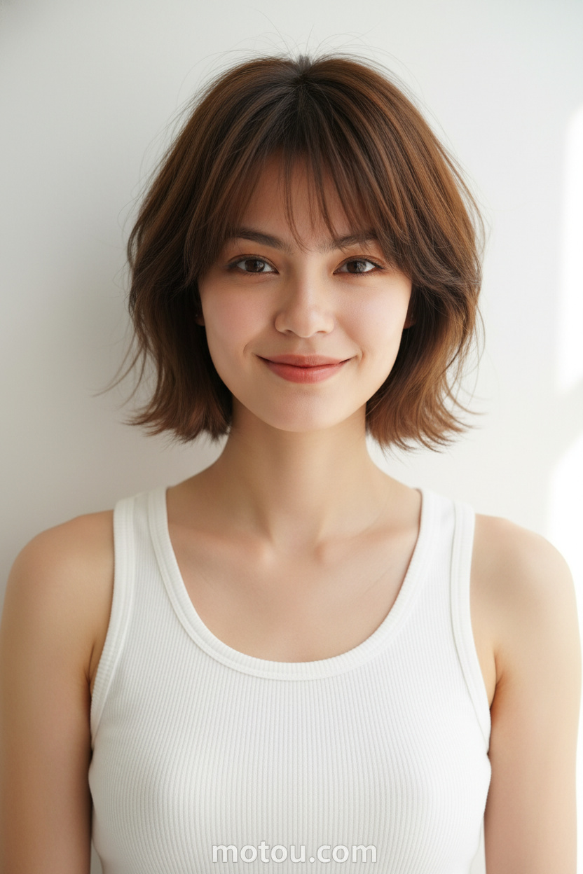 Nahaufnahme der Haare im Oberkörper, ein stark geschichteter Soft Volume Bob, der das Gesicht umrahmt, weiche Karamellbraun-Haarfarbe. Das Model trägt ein weißes geripptes Sommer-Tanktop vor einem sanften, sonnenbeschienenen, sauberen weißen Hintergrund und zeigt ein sanftes, zugängliches Lächeln.