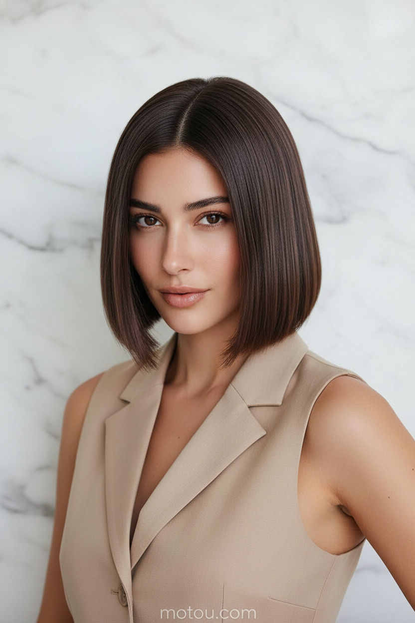 Nahaufnahme der Haare im Oberkörper, ein ultra-glänzender, glatter Rich Girl Bob, "Expensive Brunette"-Haarfarbe. Das Model trägt eine maßgeschneiderte beige Sommerweste vor einem makellosen, marmorähnlichen Hintergrund und strahlt ein schickes und herrisches Grinsen aus.