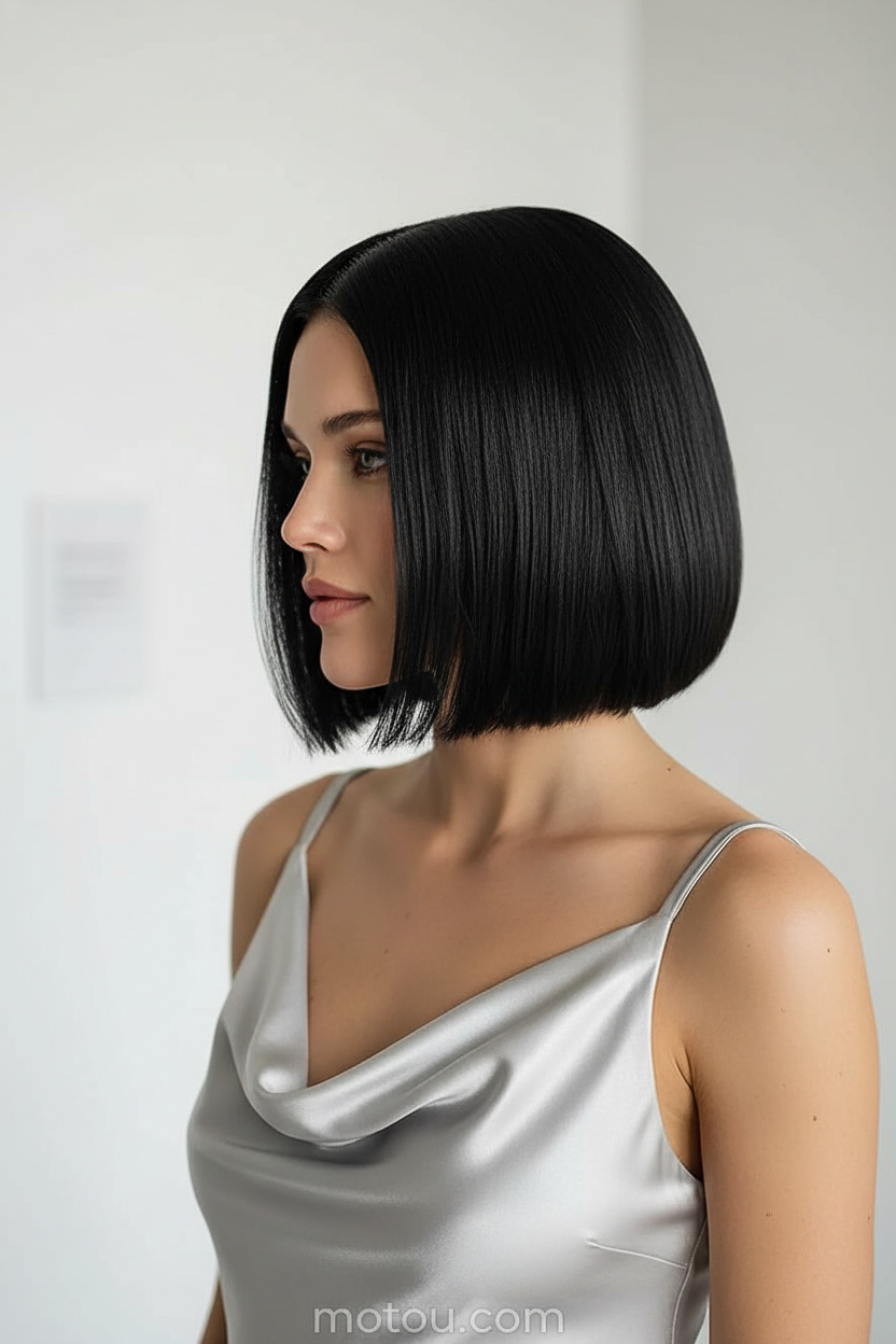 Nahaufnahme der Haare im Oberkörper, ein Rich Girl Bob mit Glass-Hair-Finish, glänzende tiefschwarze Haarfarbe. Das Model trägt ein luxuriöses silbernes Seiden-Cowl-Neck-Sommerkleid vor einem strahlend weißen High-End-Galeriehintergrund und zeigt ein elegantes und unnahbares Profil.