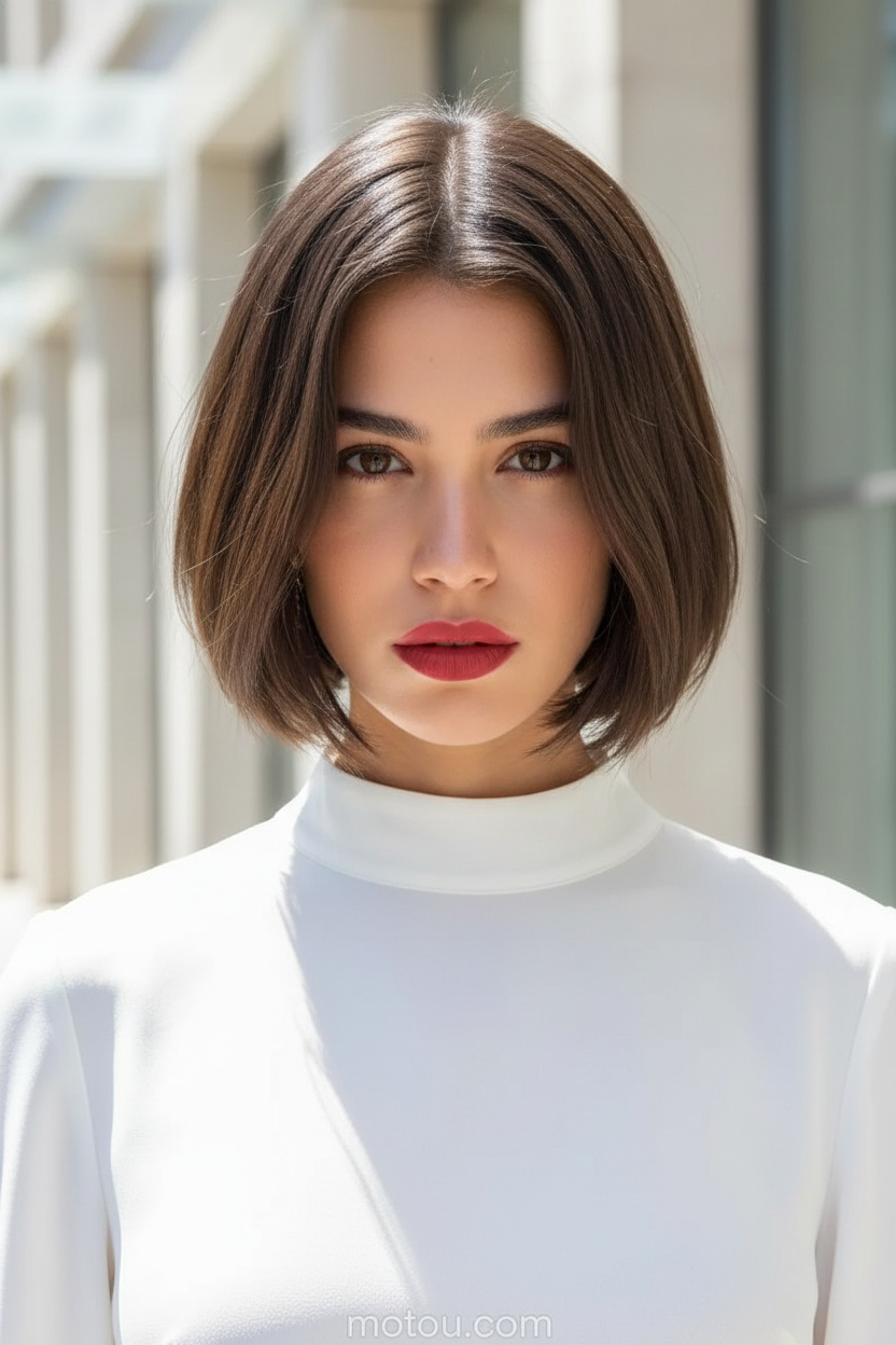 Nahaufnahme der Haare im Oberkörper, ein perfekt symmetrischer Mittelscheitel Rich Girl Bob, kühle Aschbraun-Haarfarbe. Das Model trägt eine schicke weiße Sommerbluse mit hohem Kragen vor einem sauberen, sonnenbeschienenen architektonischen Hintergrund und blickt intensiv und raffiniert in die Kamera.