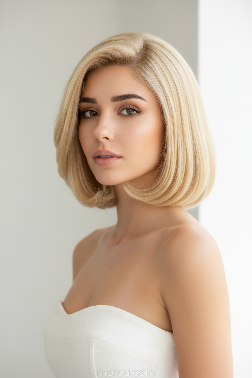 Nahaufnahme der Haare im Oberkörper, ein Rich Girl Bob mit leicht nach innen geschwungenen Enden, goldene Champagner-Blond-Haarfarbe. Sie trägt ein elegantes trägerloses weißes Sommeroberteil vor einem sauberen, minimalistischen, hellen Hintergrund und nimmt eine hochgradig posierte und aristokratische Haltung ein.