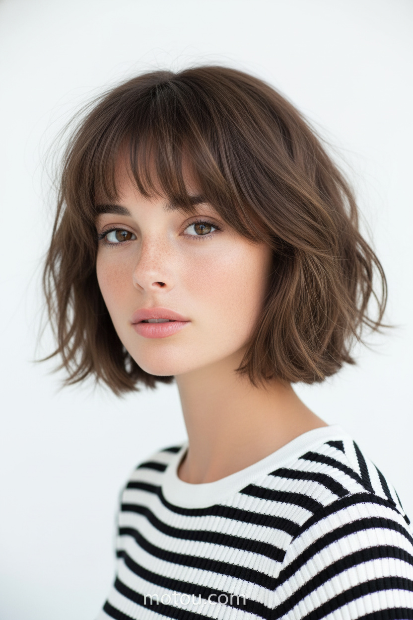Upper body hair close-up of a female model featuring a classic Soft French Bob with wispy curtain bangs, natural warm brunette hair color. She wears a minimalist black-and-white striped summer knit top against a pristine clean white summer background, looking effortlessly chic with a relaxed, slightly pouty expression.