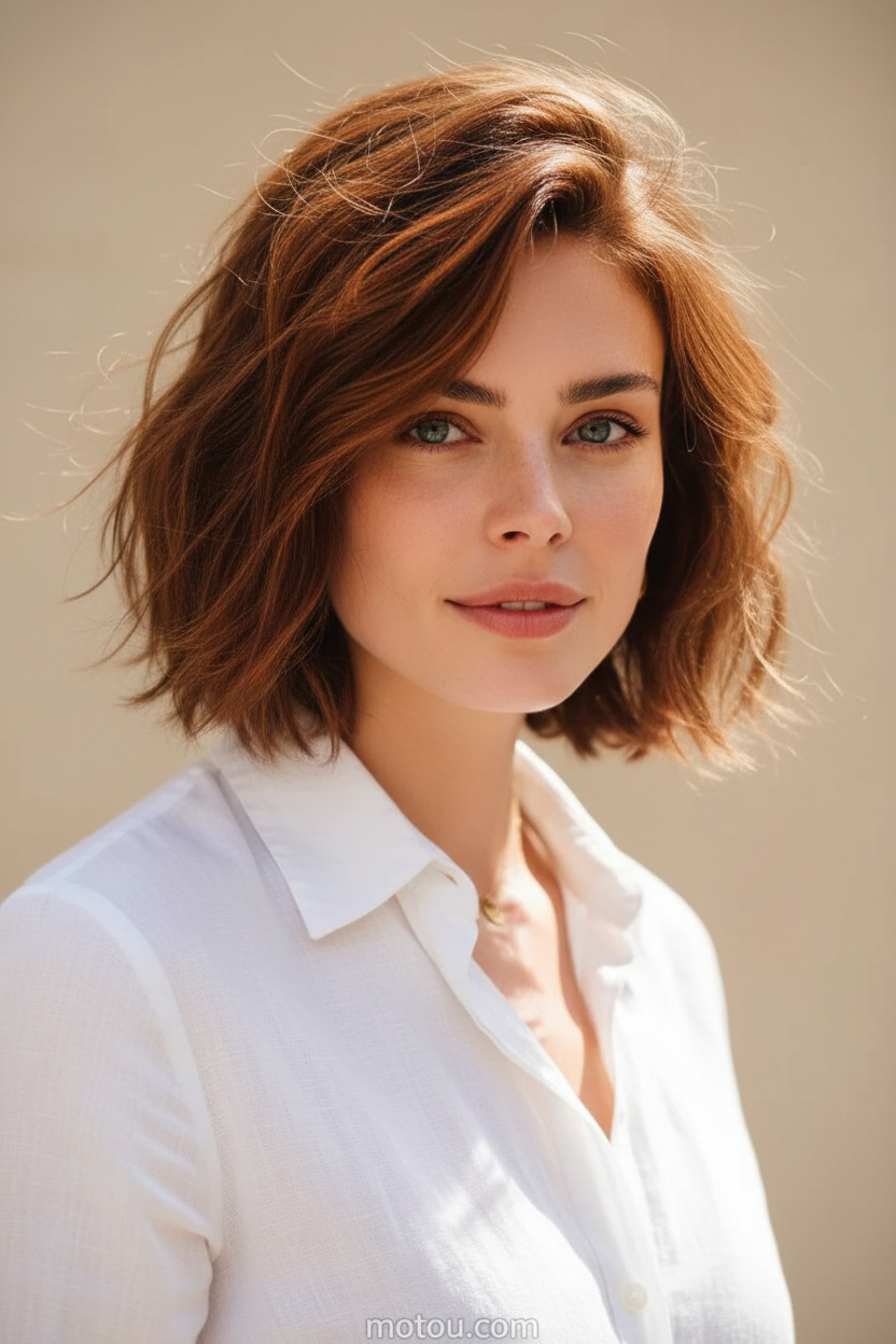 Upper body hair close-up, messy yet elegant Soft French Bob tucked casually behind one ear, rich copper hair color. Model wears a crisp white linen button-down summer shirt against a sunlit clean beige background, smiling gently and confidently at the camera.