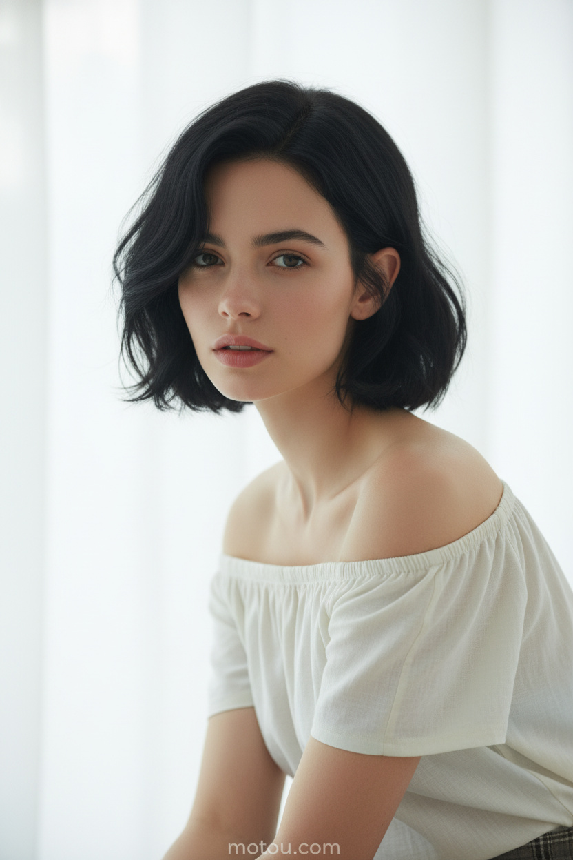 Upper body hair close-up, softly blunt jaw-grazing Soft French Bob, jet black hair color. Model wears an off-shoulder summer top, clean minimalist white background, holding a sophisticated and serene posture.